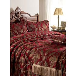 Riva Home Paoletti Shiraz Colcha - Burgundry vermelho e dourado - bordado floral de damasco Jacquard - tecido de peso pesado - 100% poliéster - 275 x 275 cm (108 x 108 polegadas) - desenhado no Reino