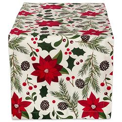 DII Woodland Holly Christmas Holiday Kitchen & Table Décor, Table Runner, 14x108, Poinsettia & Christmas Greenery