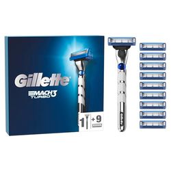 Gillette Mach3 Turbo RASOIO UOMO, Lame Rasoio a Mano Libera, 1 MANICO e 10 LAMETTE DA BARBA da 3 Lame, Facile Risciacquo, Fino a 15 RASATURE con 1 LAMETTA