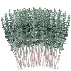 FEQO 90 Pcs Eucalyptus Stems Artificial Eucalyptus Leaves 15 Inch Faux Eucalyptuses Branches for Wedding Bouquet Home Decor, Grey Green