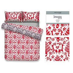 AmeliaHome 2-Piece Flannelette Bed Linen 155 x 220 cm with 1 Pillowcase 80 x 80 cm 100% Cotton Duvet Cover Zip Snuggy Rudolph Reindeer White Red Grey