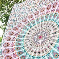 Popular Handicrafts Tenture mandala motif floral Queen Hippie psychédélique, style indien, Pensée magique, Coton, Blanc/multicolore, Twin (215x140) cms
