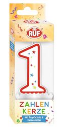 RUF Bougie d'anniversaire numéro 1 rouge avec étoiles multicolores, bougie d'anniversaire de qualité supérieure avec protection anti-goutte, idéale comme décoration de gâteau, 1 pièce