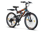 Licorne Bike Strong V Premium Mountainbike in 24 und 26 Zoll - Fahrrad für Jungen, Mädchen, Damen und Herren - Shimano 21 Gang-Schaltung - Vollfederung Zoll:24;Farbe:Schwarz/Blau/Orange