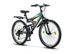 Licorne Bike Strong V Premium Mountainbike in 24 und 26 Zoll - Fahrrad für Jungen, Mädchen, Damen und Herren - Shimano 21 Gang-Schaltung - Vollfederung Zoll:26;Farbe:Schwarz/Blau/Orange
