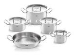 Fissler Topf-Set ORIGINAL-PROFI COLLECTION® Edelstahl-Topfset, Edelstahl 18/10 (9-tlg., Bratentopf 20 cm, je 1 Fleischtopf 16/20/24 cm, Servierpfanne 28 cm), mit breitem Schüttrand, Kaltmetallgriffen. Made in Germany, Induktion, silberfarben