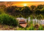 Papermoon Fototapete »STRAND-SEE BOOT WALD SONNENUNTERGANG BÄUME FLUSS IDYLLE«