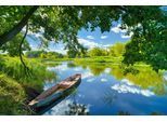 Papermoon Fototapete »FRÜHLINGS-LANDSCHAFT-FLUSS BOOT BÄUME STRAND UFER WALD«