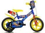 Dino Kinderfahrrad Feuerwehrmann Sam 12 Zoll, 1 Gang, mit Stützrädern, Trinkflasche und Frontschild, blau