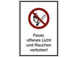 Kombizusatzschild mit Text für Verbotszeichen, Feuer, offenes Licht und Rauchen verboten, VE 10 Stk, Folie, LxHxT 210 x 297 x 0,1 mm