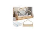 VitaliSpa Kinderbett Hausbett Kinderhaus Design Natur Lattenrost 90x200 Matratze