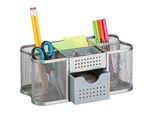 Relaxdays - Schreibtisch Organizer, Büro Organizer mit Stiftehalter & Schublade, Metall, hbt: 10 x 23,5 x 11,5 cm, silber