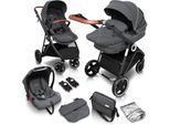 BabyGo Kombi-Kinderwagen Halime 3in1, Grey Black, inklusive Babywanne, Babyschale, Regenhaube & Wickeltasche, grau