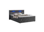 Juskys Boxspringbett Leona Samt 140x200 cm in Grau – mit LEDs, Topper & H4-Federkern-Matratzen