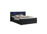 Juskys Boxspringbett Leona Samt 140x200 cm in Schwarz – mit LEDs, Topper & H4-Federkern-Matratzen