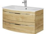 Waschtisch SAPHIR "Serie 7045 Mineralmarmor-Waschtisch und Unterschrank, 91 cm breit", braun (halifax eiche quer nachbildung), B:91cm H:50,2cm T:50,1cm, Waschtische, Waschtisch, Waschplatz mit 2 Schubladen, Badmöbel Set mit Waschtisch