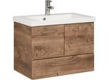 Waschtisch SAPHIR "Quickset Mineralmarmor-Waschtisch mit Unterschrank, 74 cm breit", braun (eiche ribbeck, eiche ribbeck, eiche ribbeck), B:74cm H:56cm T:45cm, Holzwerkstoff, Mineralguss, Waschtische, Waschtisch, Wachplatz, Griffe Chrom Glanz, inkl. Türdämpfer, 2 Türen, 1 Schublade