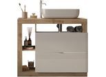 Waschtisch WELLTIME "Hamburg", braun (weiß, eiche cadiz nb, weiß), B:92cm H:93cm T:49cm, Waschtische, Waschtisch, 2 Schubkästen, Breite 92 cm, Soft-Close, inkl. Keramik-Aufsatzbecken