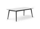 Esstisch HAMMEL FURNITURE "Meza Designtisch mit Auszugsfunktion und 2 Einlegeplatten", weiß (weiß, schwarz, weiß), B:210cm H:74cm T:100cm, Tischplatte: Weiss Laminat (schwarzer Rand), Gestell: Massive Esche, Tische, Esstisch, bootsförmige Tischplatte MDF, Massivholzgestell, in zwei Breiten