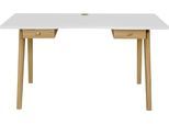 Schreibtisch WOODMAN "Peer", weiß (weiß, eichefarben, weiß), B:140cm H:75cm T:70cm, Tische, im skandinavian Design, Tischbeine aus massiver Eiche