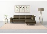 Ecksofa SIT&MORE "Cabrio L-Form" Sofas Gr. B/H/T: 274 cm x 87 cm x 230 cm, NaturLEDER, langer Schenkel links, mit Bettfunktion-mit Bettkasten-mit Sitztiefenverstellung-mit Kopfteilverstellung-mit Armteilfunktion-mit 3 Nierenkissen, grün (olive) Leder-Ecksofas mit Sitztiefenverstellung und Federkern, 3 Nierenkissen