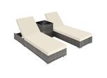tectake® 2er Set Aluminium Rattan Sonnenliegen, wetterfest und UV-beständig, Tisch mit Staufach, inklusive 2 Bezugssets und Schutzhülle