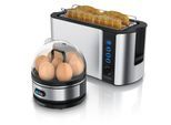 Arendo 2-teiliges Frühstücksset, 7er Eierkocher & Langschlitz Toaster für 4 Scheiben, Silber