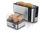 Arendo 2-teiliges Frühstücksset, 2-Scheiben Langschlitztoaster FRUKOST, 8er Eierkocher, Silber