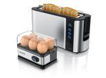 Arendo Frühstücks-Set, 6er Eierkocher + 2-Scheiben Langschlitz Toaster FRUKOST, Silber