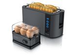 Arendo 2-teiliges Frühstücksset - 4-Scheiben Langschlitz Toaster, 6er Eierkocher, Grau