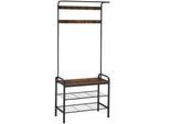 tectake® Garderobenständer, Industrial Style, mit Sitzfläche, 2 Gitterablagen und 9 abnehmbaren Haken, inklusive Kippschutz, 73,5 x 36 x 184 cm