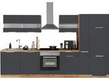 Küchenzeile KOCHSTATION "KS-Luhe", grau (küche: grau, front: grau matt, korpus: wotaneichefarben, arbeitsplatte: wotaneichefarben), B:330cm T:60cm, Komplettküchen-Sets, Küchenzeile, 330 cm breit, wahlweise mit oder ohne E-Geräten, gefräste MDF-Fronten