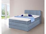 Boxspringbett HAPO, blau (hellblau), Liegefläche B/L: 140cm x 200cm, kein Härtegrad, Bonnell-Federkernmatratze, Kopfteil, seitliche Unterbox und Obermatratze sind mit pflegeleichtem Feinstrukturstoff in Leinenoptik (100% Polyester) bezogen;Die Oberseite der Unterfederung und die Ober- und Unterseite der Obermatratze sind jeweils mit einem rutschhemmenden Stoff aus 100% Polyester bespannt., Komplet