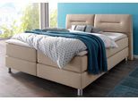 Boxspringbett MAINTAL, beige, Strukturstoff, Liegefläche B/L: 180cm x 200cm, H2 + H2, 7-Zonen-Kaltschaummatratze, Bezug bei beige, anthrazit und hellgrau: pflegeleichter Strukturstoff (100% Polyester);Bezug bei weiß und schwarz: Kunstleder (100% Polyurethan);Spiegelfläche der Matratzen: Material angeben (100% Polyester), Komplettbetten, Boxspringbett, inkl. Topper