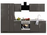Küchenzeile WIHO KÜCHEN "Cali", grau (küche: grau, korpus: anthrazit matt, arbeitsplatte: canvas grau), B:310cm T:60cm, Komplettküchen-Sets, Küchenzeile, mit E-Geräten und Kühl-Gefrierkombination, Breite 310 cm