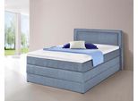 Boxspringbett HAPO, blau (hellblau), Liegefläche B/L: 140cm x 200cm, kein Härtegrad, Bonnell-Federkernmatratze, Kopfteil, seitliche Unterbox und Obermatratze sind mit pflegeleichtem Feinstrukturstoff in Leinenoptik (100% Polyester) bezogen;Die Oberseite der Unterfederung und die Ober- und Unterseite der Obermatratze sind jeweils mit einem rutschhemmenden Stoff aus 100% Polyester bespannt., Komplet