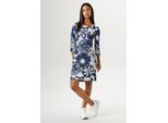 Jerseykleid ANISTON SELECTED, Damen, Gr. 38, N-Gr, bunt (sanftes weiß, dunkelblau), Milano Rib, Obermaterial: 89% Viskose, 9% Polyester, 2% Elasthan, bedruckt, geblümt, figurumspielend kniefrei, Rundhals, Kleider Jerseykleid, mit großem Blütendruck - Jedes Teil ein Unikat, Topseller