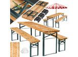 tectake® Bierzeltgarnitur, 3-teilig, klappbar, mit Sonnenschirmhalterung, beschichtetes Stahlgestell mit soliden Scharnieren, Holzlackierung mit Klarlack