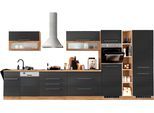 Küchenzeile KOCHSTATION "KS-Wien", schwarz (küche: grau, front: anthrazit, korpus: wotaneichefarben, arbeitsplatte: wotaneichefarben), B:440cm T:60cm, Komplettküchen-Sets, Küchenzeile, Breite 440 cm, wahlweise mit E-Geräten und Induktion