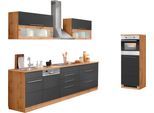 Küchenzeile KOCHSTATION "KS-Wien", schwarz (küche: grau, front: anthrazit, korpus: wotaneichefarben, arbeitsplatte: wotaneichefarben), B:350cm T:60cm, Komplettküchen-Sets, Küchenzeile, Breite 350 cm, wahlweise mit E-Geräten und Induktion