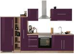 Küchenzeile KOCHSTATION "KS-Samos", lila (küche: lila, front: aubergine hochglanz, korpus: eiche sonoma, arbeitsplatte: eiche sonoma), B:330cm H:200cm T:60cm, Komplettküchen-Sets, Küchenzeile, Breite 330 cm, wahlweise mit E-Geräten, mit Arbeitsplatte