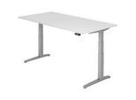 Schreibtisch TOPAS LINE, elektrisch höhenverstellbar, C-Fuss, B 2000 x T 1000 x H 650-1300 mm, lichtgrau/weissaluminium + Memoryschalter, Kabelkanal