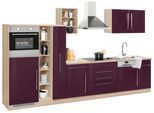 Küchenzeile KOCHSTATION "KS-Samos", lila (küche: lila, front: aubergine hochglanz, korpus: eiche sonoma, arbeitsplatte: eiche sonoma), B:350cm H:200cm T:60cm, Komplettküchen-Sets, Küchenzeile, Breite 350 cm, wahlweise mit E-Geräten und Induktionskochfeld