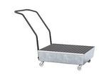 Auffangwanne ASECOS, Stahl, fahrbar, mit Gitterrost, 60 l Auffangvolumen, B 635 x T 810 x H 980 mm, verzinkt
