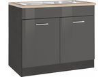 Spülenschrank KOCHSTATION "KS-Utah", grau (grau hochglanz), B:100cm H:85cm T:60cm, Schränke, Spülenschrank, Breite 100 cm