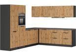 Winkelküche KOCHSTATION "KS-Lagos, Stellbreite 300/240 cm", beige (küche: natur, front: listrado eiche, korpus: grafitgrau, arbeitsplatte: betongrau), B:300cm H:200cm T:60cm, Komplettküchen-Sets, Küchenzeile, wahlweise mit E-Geräten, Spüle edelstahl oder schwarz