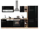 Küchenzeile KOCHSTATION "KS-Eton", schwarz (front: schwarz hochglanz, korpus: eichefarben, arbeitsplatte: eichefarben), B:330cm T:60cm, Komplettküchen-Sets, mit E-Geräten, Breite 330 cm