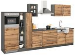 Küchenzeile KOCHSTATION "KS-Samos", braun (küche: natur, front: wotaneiche, korpus: grafitgrau, arbeitsplatte: anthrazit), B:350cm H:200cm T:60cm, Komplettküchen-Sets, Küchenzeile, Breite 350 cm, wahlweise mit E-Geräten und Induktionskochfeld