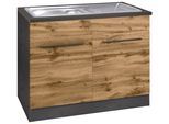 Spülenschrank KOCHSTATION "KS-Tulsa", braun (wotaneiche), B:100cm H:85cm T:60cm, Schränke, 100 cm breit, 2 Türen, Metallgriff, MDF Front, inkl. Einbauspüle