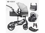 VESKA® 3 in 1 Kombi-Kinderwagen Buggy Reisebuggy inkl. Auto- Babyschale Jogger Faltbar - Silber - anthrazit/grau